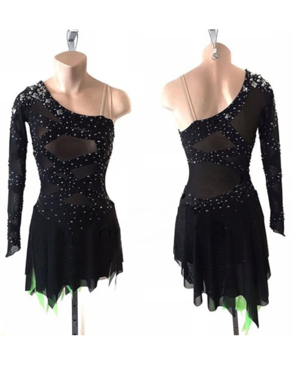 Custom Figure Skating Competition Dress – Black Nude Bright Green Asymmetrical